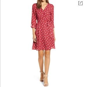Bobeau Print Long Sleeve Roll-tab Faux Wrap Dress In Berry Red Dot